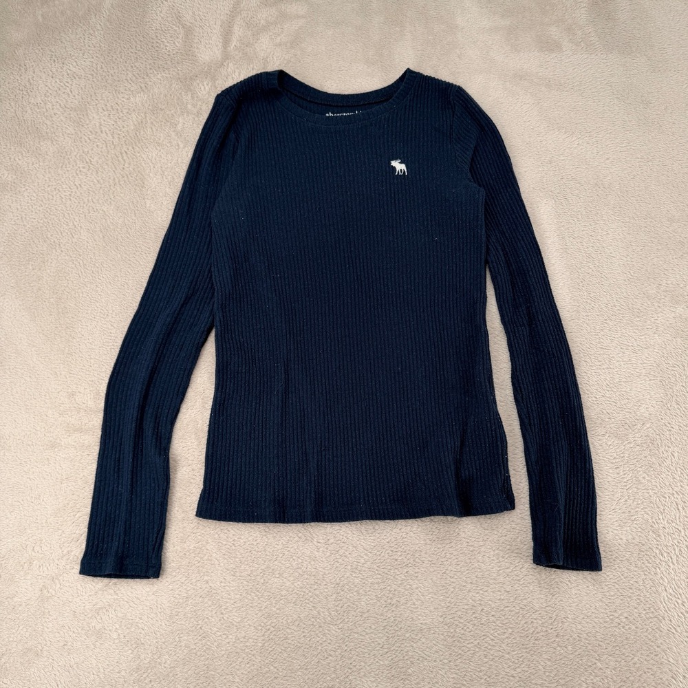 Abercrombie Womens XS Navy Blue Ribbed Long Sleeve Shirt Preowned Logo